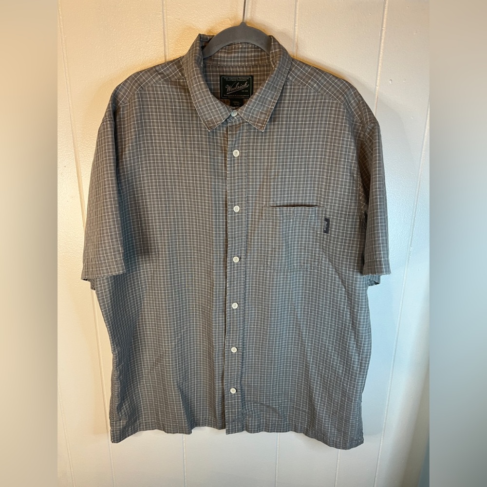 Woolrich Brand Button Up Shirt Mens Size XL Brown Beige Striped Short Sleeve